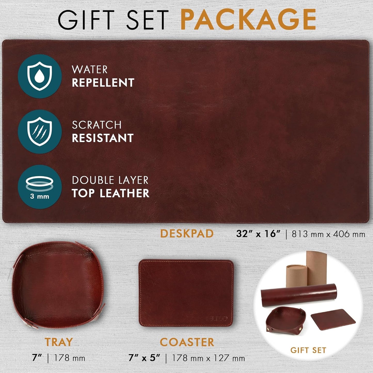 Elizo Leather Desk Mat Desk Pad Blotter Set - Real Full-Grain Leather (32x16) 2-Layer Genuine Desk Cover Protector & Large Mouse Pad | Computer Keyboard Desk Accessories for Office & Home