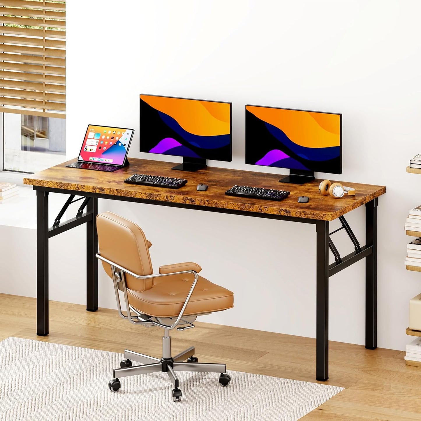 DlandHome Folding Table Computer Desk 62 Inches Workstation Table Conference Table Home Office Desk Fully Assembled Retro and Black Frame