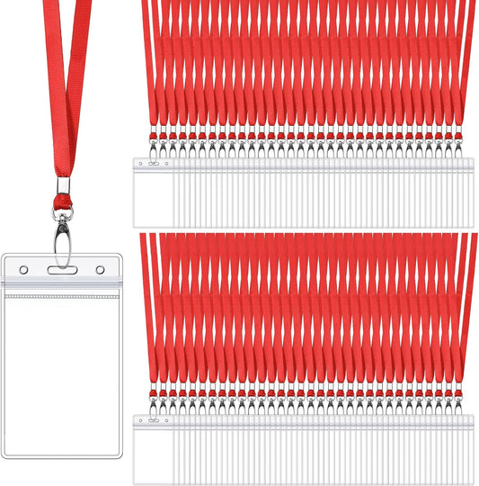 Fumete 100 Sets Name Tag Lanyards with ID Badge Holder Durable Clear Cruise Teacher Lanyards with Plastic Waterproof ID Badge Holders Bulk for Adults Teacher School Office Ship Cards(Red)