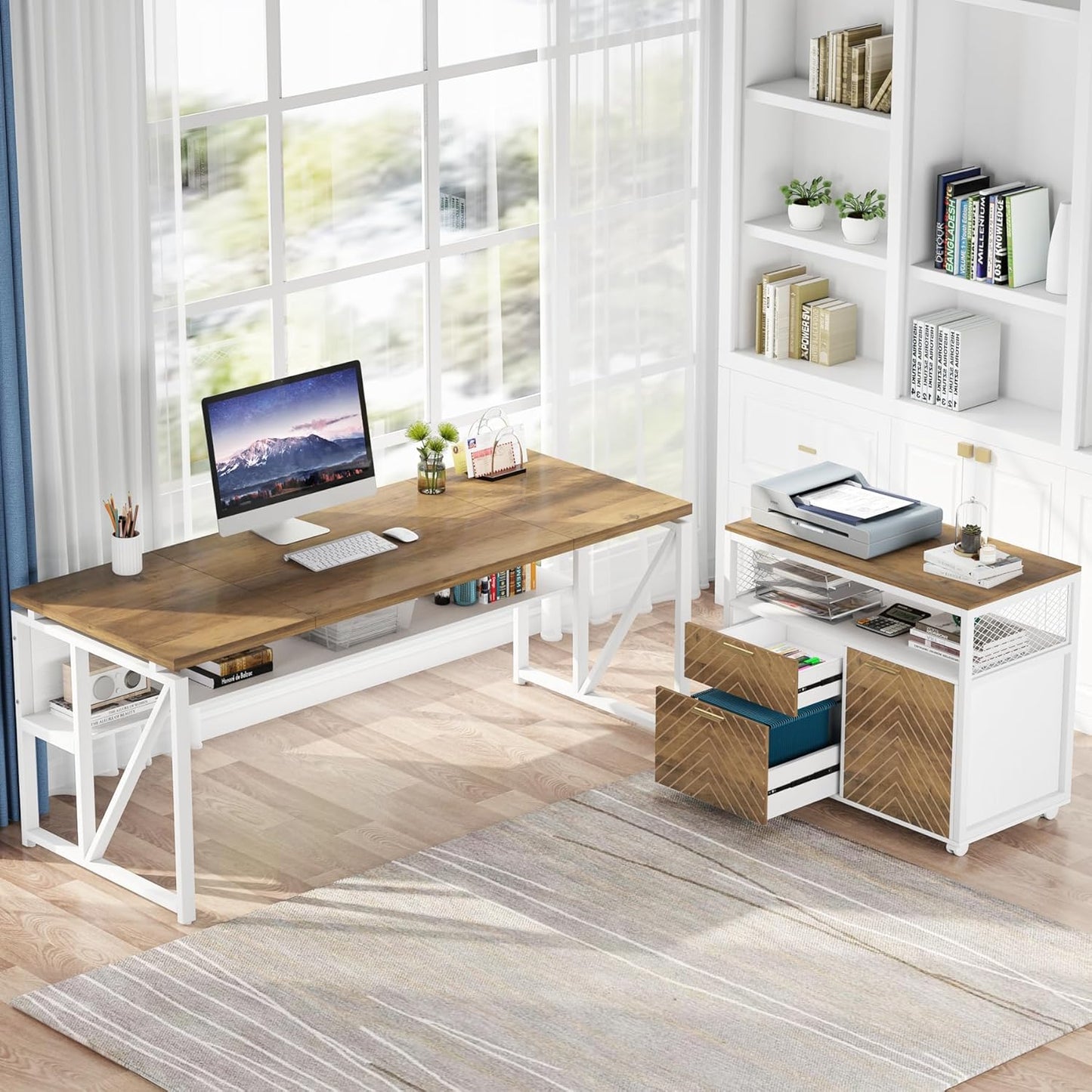 Tribesigns L Shaped Desk with Drawer,63" Executive Computer Desk and lateral File Cabinet, 2 Piece Home Office Furniture for Hanging File, Cabinet with Doors (Walnut, 63-inches)
