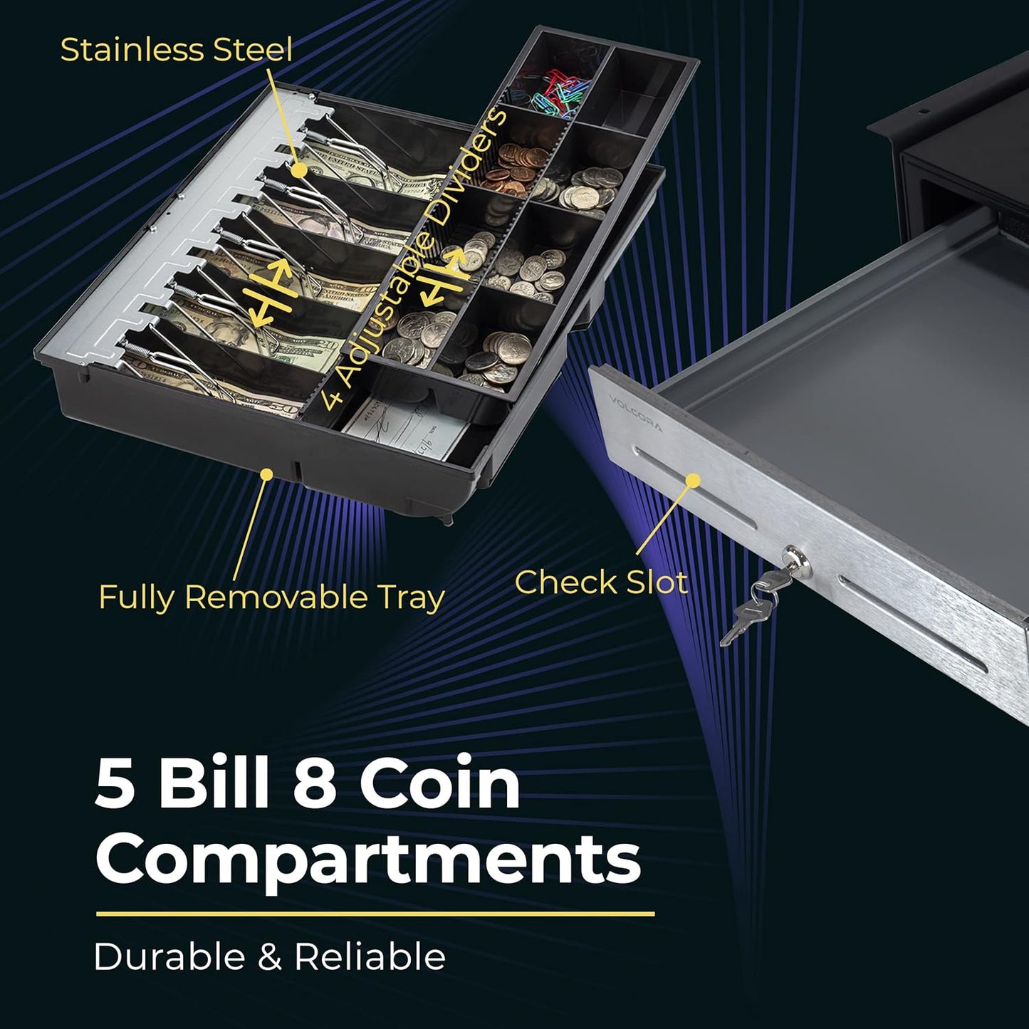 Push Open Cash Register Drawer with Under Counter Mounting Metal Bracket - 16" Black/Stainless Steel Front Cash Drawer for POS, Removable 5 Bill 8 Coin Tray, Key Lock, Media Slots