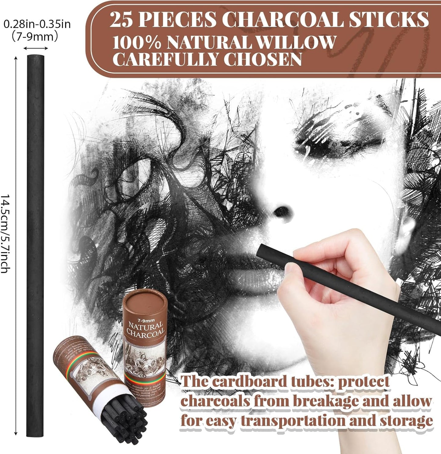 Gueevin 25 Pcs Willow Charcoal Sticks, Willow Charcoal, Artists, Beginners, Students, Perfect for Sketching, Drawing, Shading, and Fine Art (7-9mm)