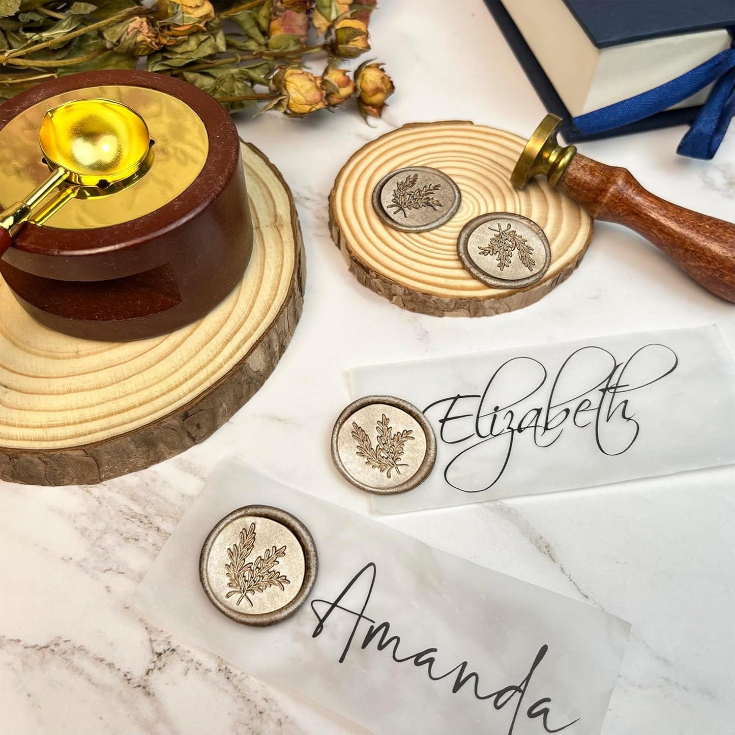 50Pcs Wax Seal Stickers Handmade Envelope Seals Self Adhesive Wax Stickers for Wedding Party Invitations, Envelope, Gift Wrap, Christmas(Rosemary Style, Champagne Gold)