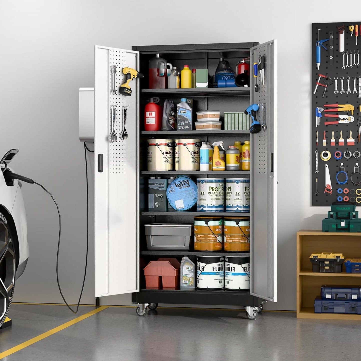 Aobabo Upgraded Garage Storage Cabinets with Wheels,Metal Storage Cabinets with 5 Adjustable Shelves for Garage Home Office Storage, Black&Silver,71''H*32''W*16''D,Assembly Required