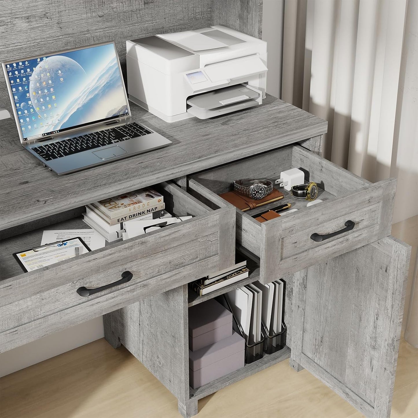 Farmhouse 67''H Executive Desk with Hutch & 5 Drawers, Rustic Office Desks Computer Desks with Charging Station, File Drawers and Storage Cabinets, Wood Workspace for Home Office & Study.（Grey）.
