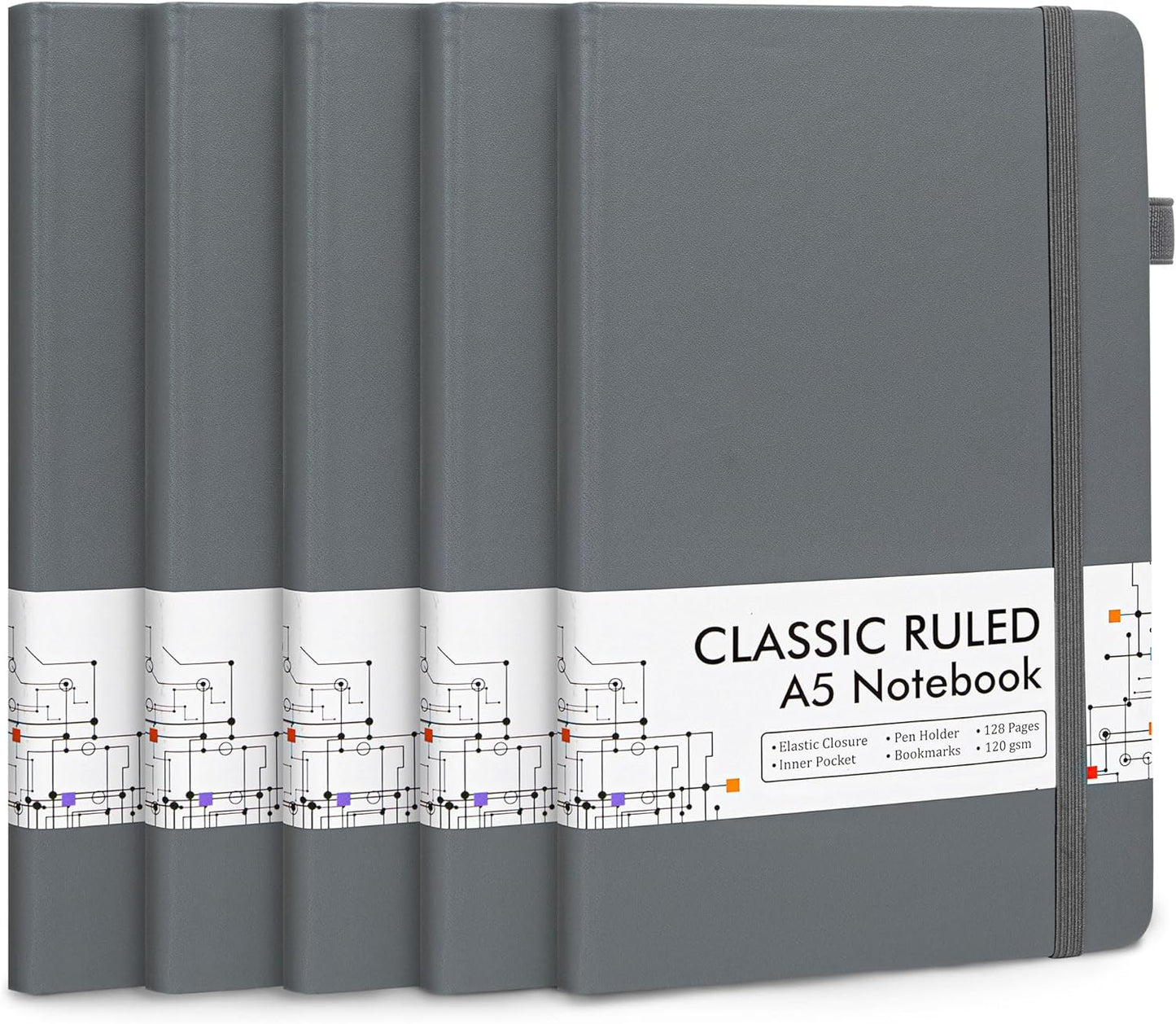 feela 5 Pack Journal Notebook Bulk for School, Hardcover Business Notebooks Classic Ruled Lined Journals with Pen Holder for Work Note Taking, with 5 Black Pens, 120 GSM, 5.1”x8.3”, A5, Gray