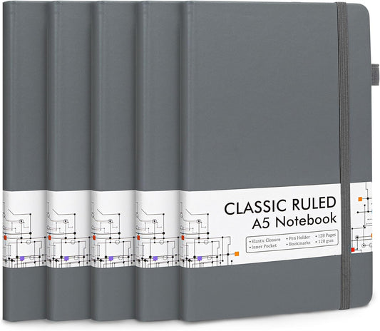 feela 5 Pack Journal Notebook Bulk for School, Hardcover Business Notebooks Classic Ruled Lined Journals with Pen Holder for Work Note Taking, with 5 Black Pens, 120 GSM, 5.1”x8.3”, A5, Gray