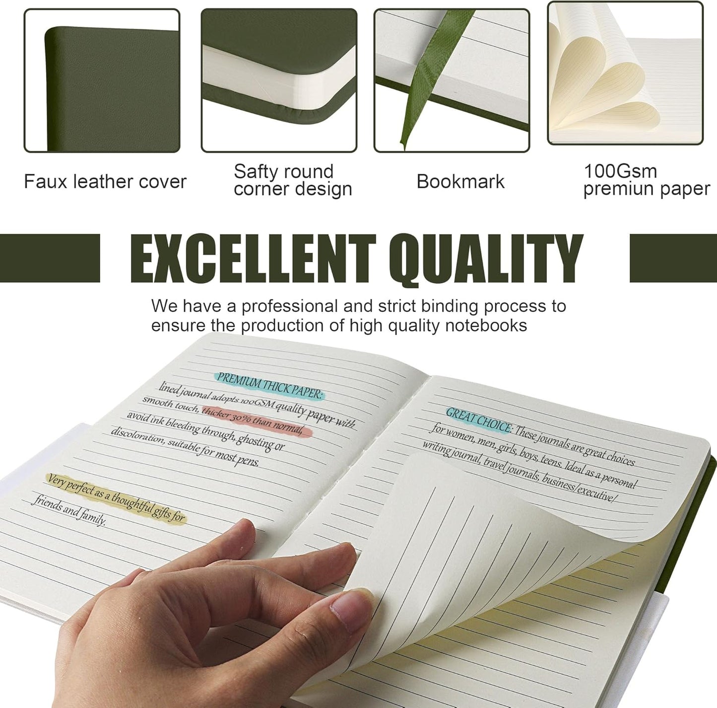 Lined Journal Notebook, 10Pack(Olive Green), 160 Pages, Medium 5.7 inches x 8 inches - 100 gsm Thick Paper, Hardcover