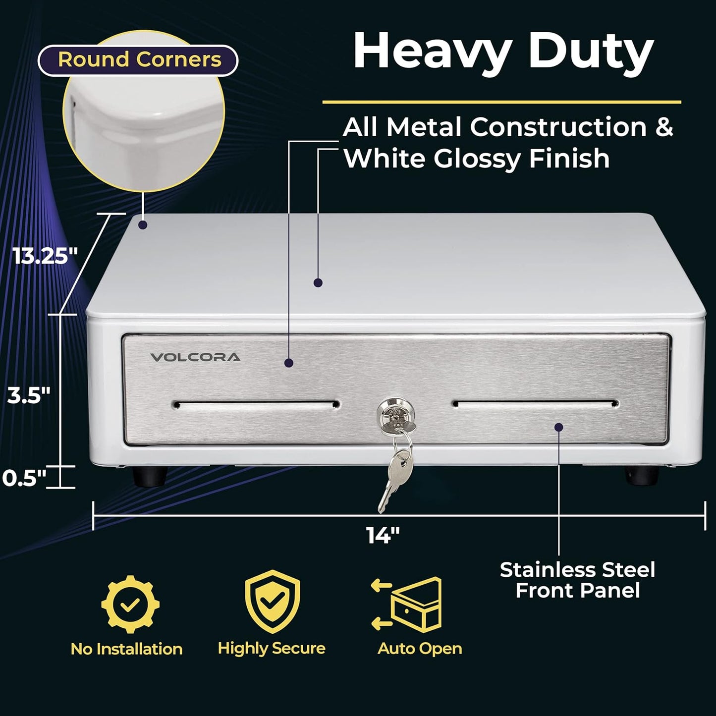 Volcora 14" Electronic Cash Register Drawer for Point of Sale (POS) System with Round Corners, Stainless Steel Front Panel - Fully Removable 2-Tier 4 Bill 5 Coin Cash Tray, 24V, RJ11/RJ12