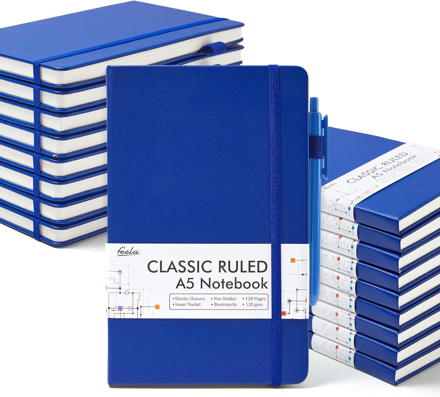 feela College Ruled Notebooks, 18 Pack Business Notebook Bulk Hardcover Lined Writing Journal with Pen Holder for Men Women Note Taking, with 18 Black Pens, 120 GSM, 5.1”x8.3”, A5, Navy