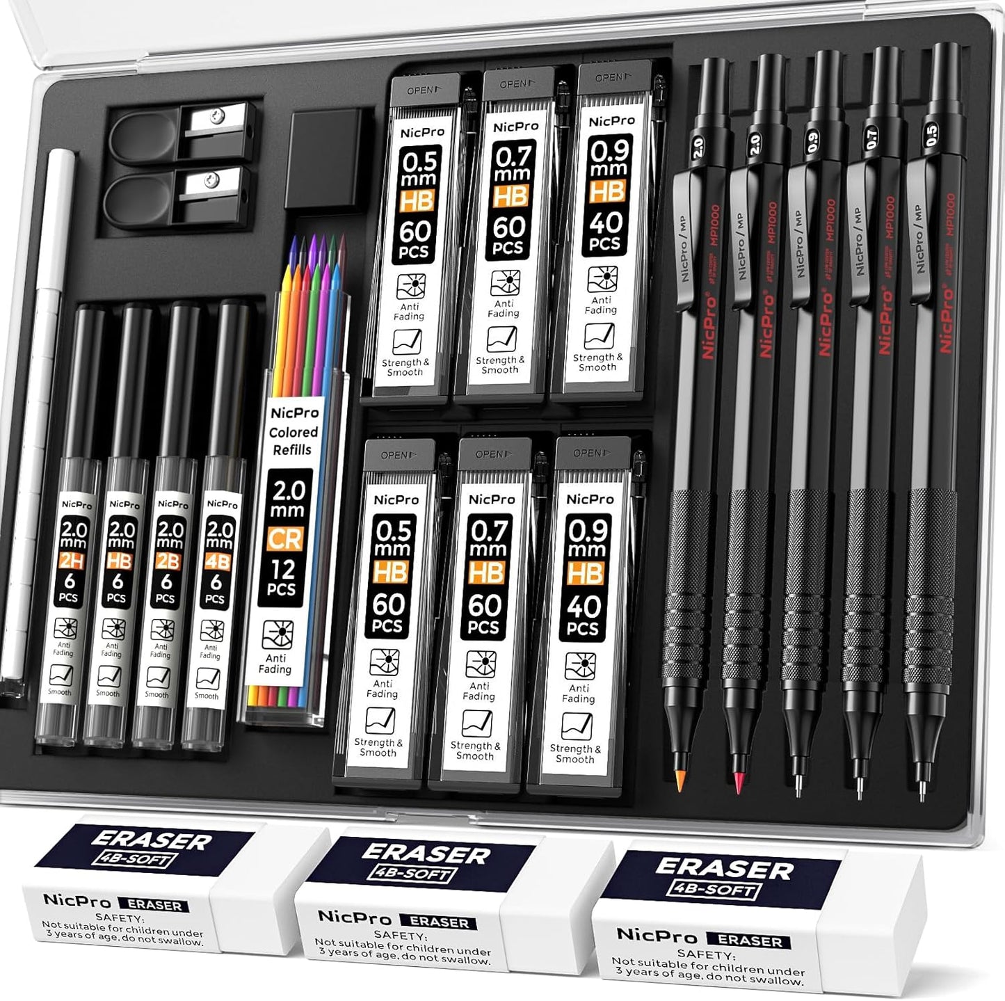 Nicpro 22PCS Art Mechanical Pencil Set, Black Artist Metal Drafting Pencil 0.5 & 0.7 & 0.9 mm & 2PCS 2mm Graphite Lead Holder(4B 2B HB 2H) for Drawing Writing Sketching With Lead Refills Erasers Case