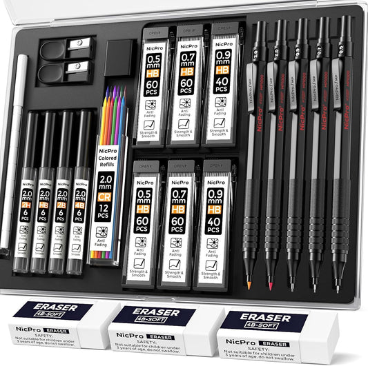 Nicpro 22PCS Art Mechanical Pencil Set, Black Artist Metal Drafting Pencil 0.5 & 0.7 & 0.9 mm & 2PCS 2mm Graphite Lead Holder(4B 2B HB 2H) for Drawing Writing Sketching With Lead Refills Erasers Case