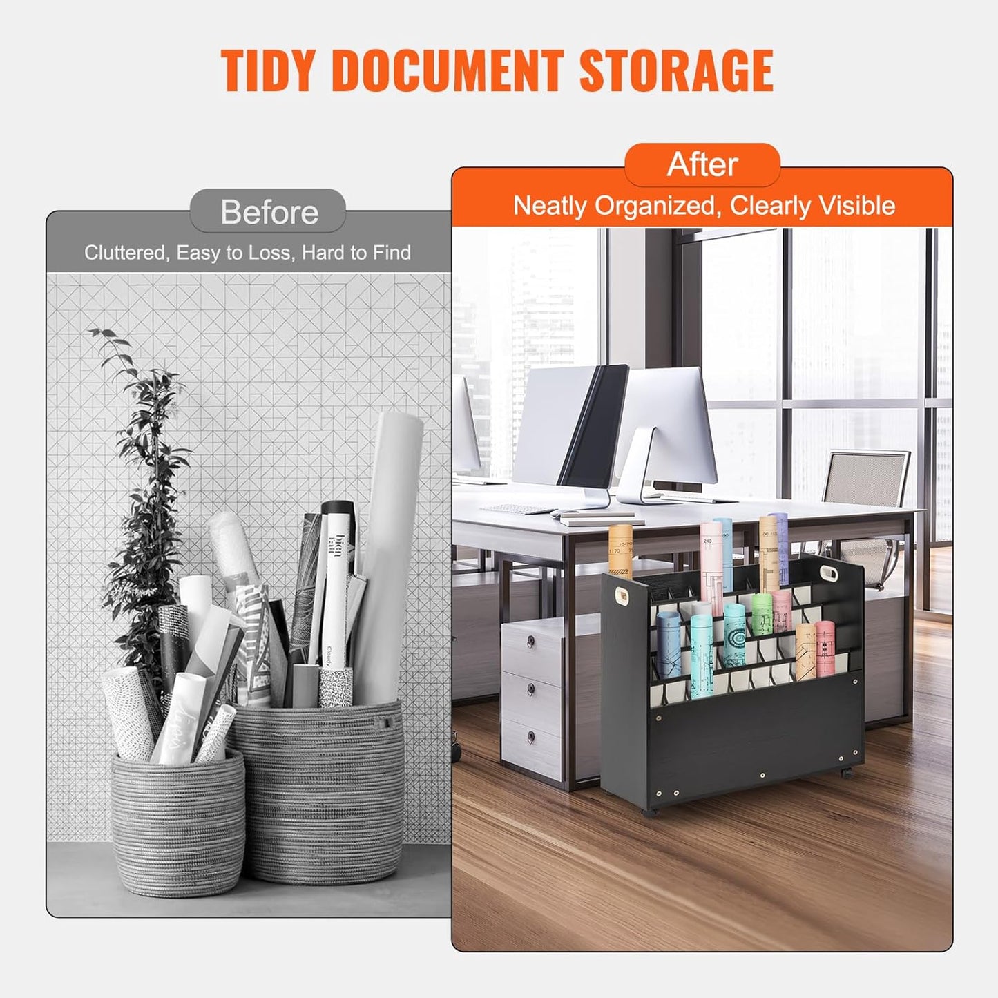 VEVOR Mobile Storage Cart, 50 Slot Wooden Roll File Organizer for Construction Plans, Maps, Posters, Architectural Blueprints - Home, Office, School
