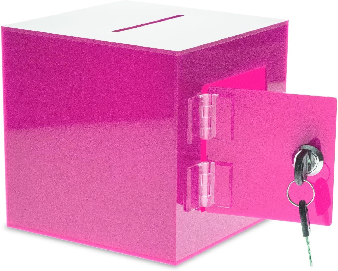 Source One Premium Acrylic Cube Donation Box with Deluxe Rear Open Door and Cam Lock Suggestion Box (12 Inch, Pink)