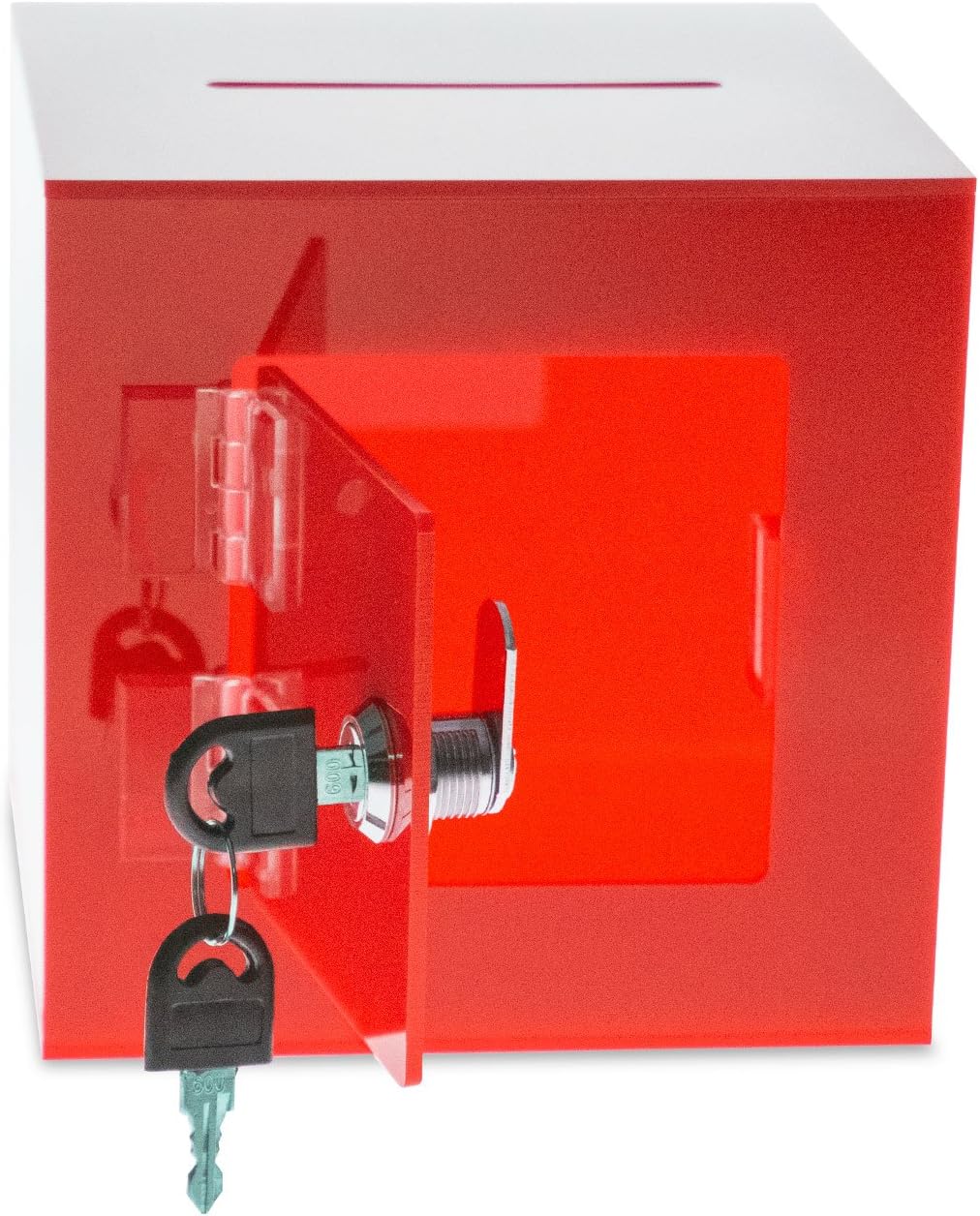 Source One Premium Acrylic Cube Donation Box with Deluxe Rear Open Door and Cam Lock Suggestion Box (10 Inch, Red)