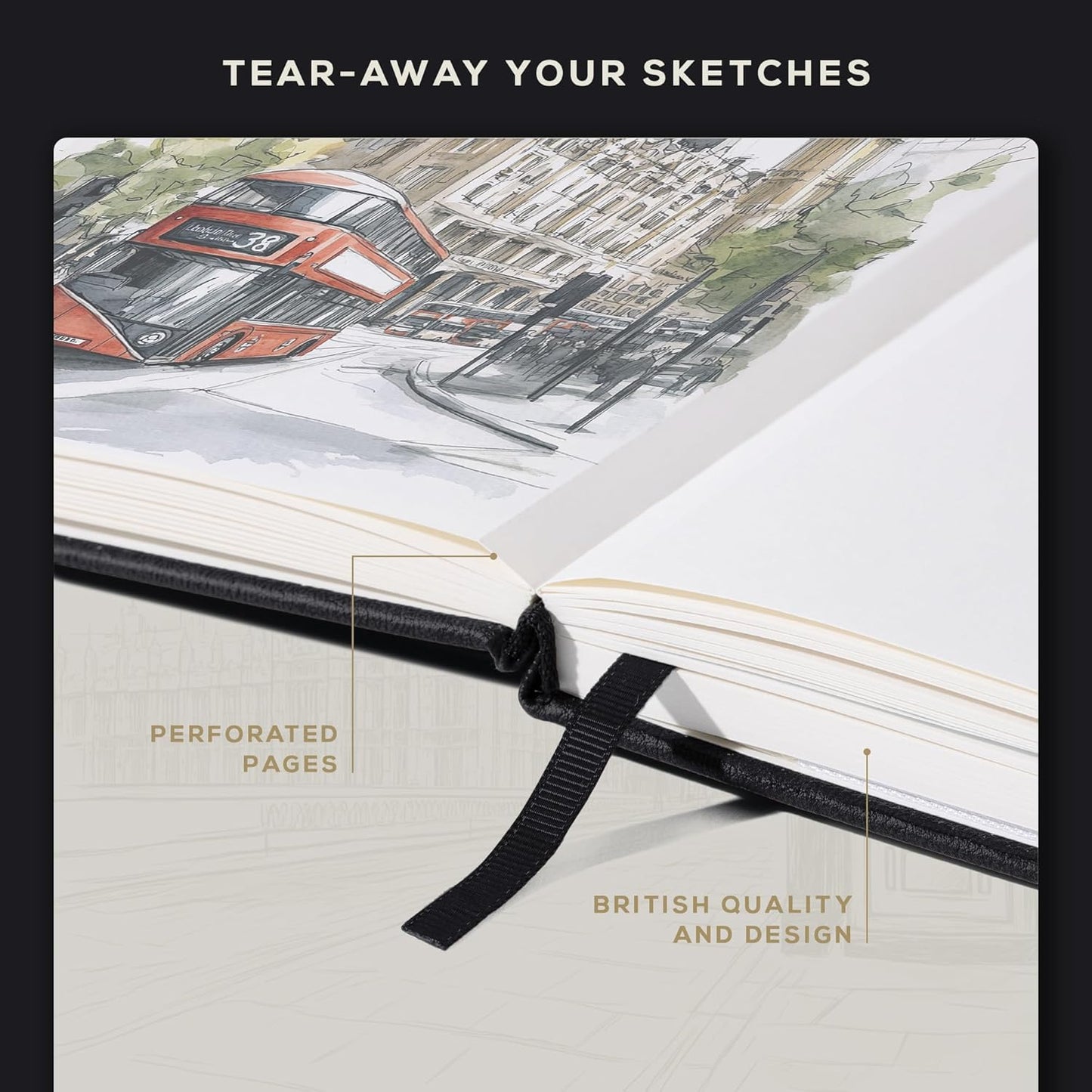 Beechmore Books A4 Sketchbook – 8.5x11 Premium Vegan Leather Bound Large Sketch Book Hardcover with 156 Thick 160gsm Perforated Ivory Pages, Blank Sketch Pad, Gift Boxed, Back Pocket, Ribbon Bookmark