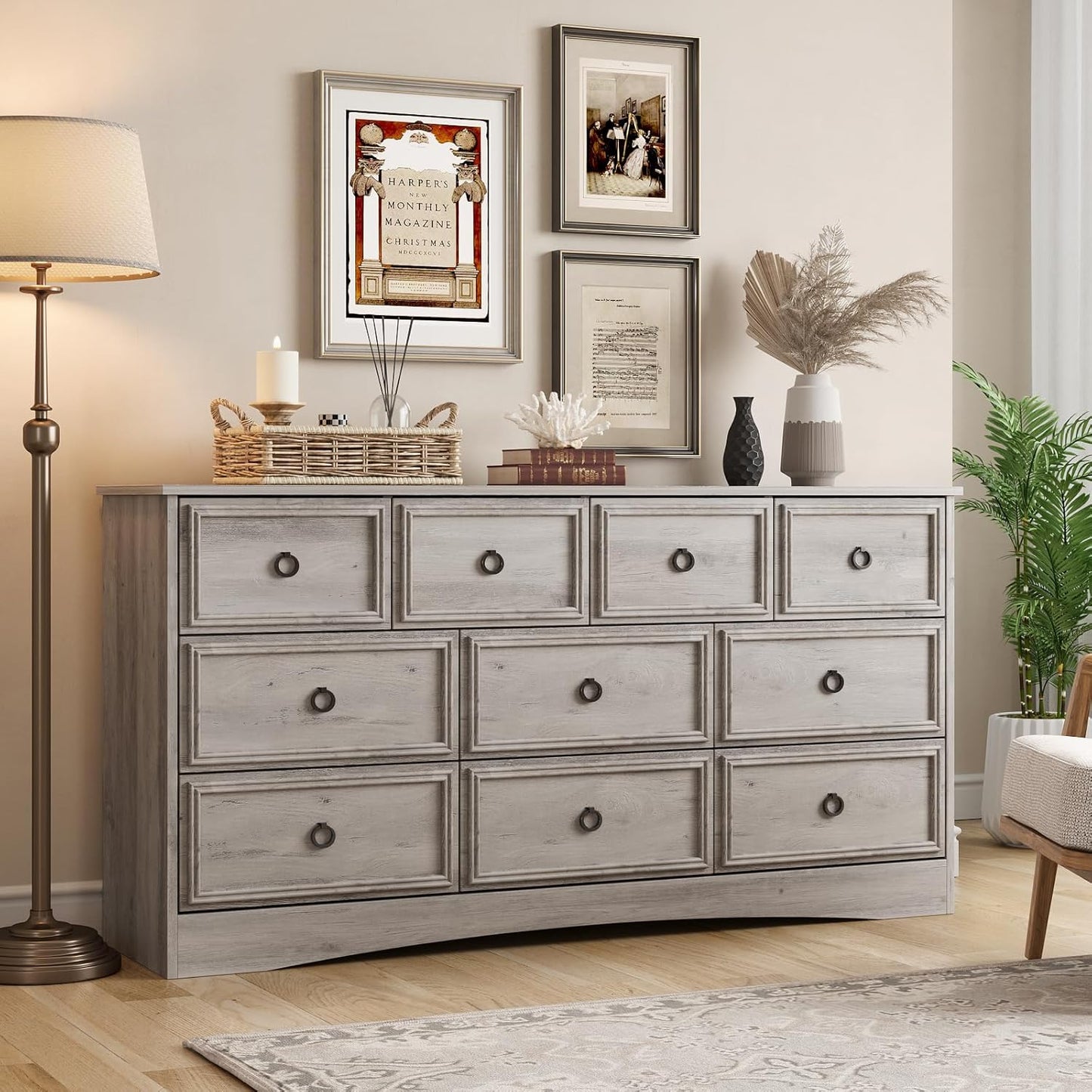 LGHM Modern Large 10 Drawer Dresser, Long Dressers for Bedroom, Chest of Drawers Closet Organizers and Storage Clothes - Textured Borders, 6" Deep Drawer for Living Room, Hallway, Gray