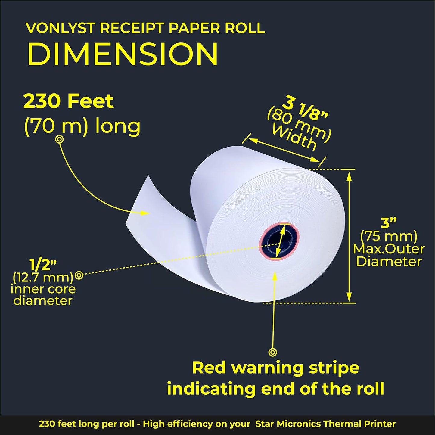 Receipt Paper Roll 3 1/8 x 230 for Square Register and Square POS System connected to Star Micronics Thermal Printer (Pack 06 rolls)