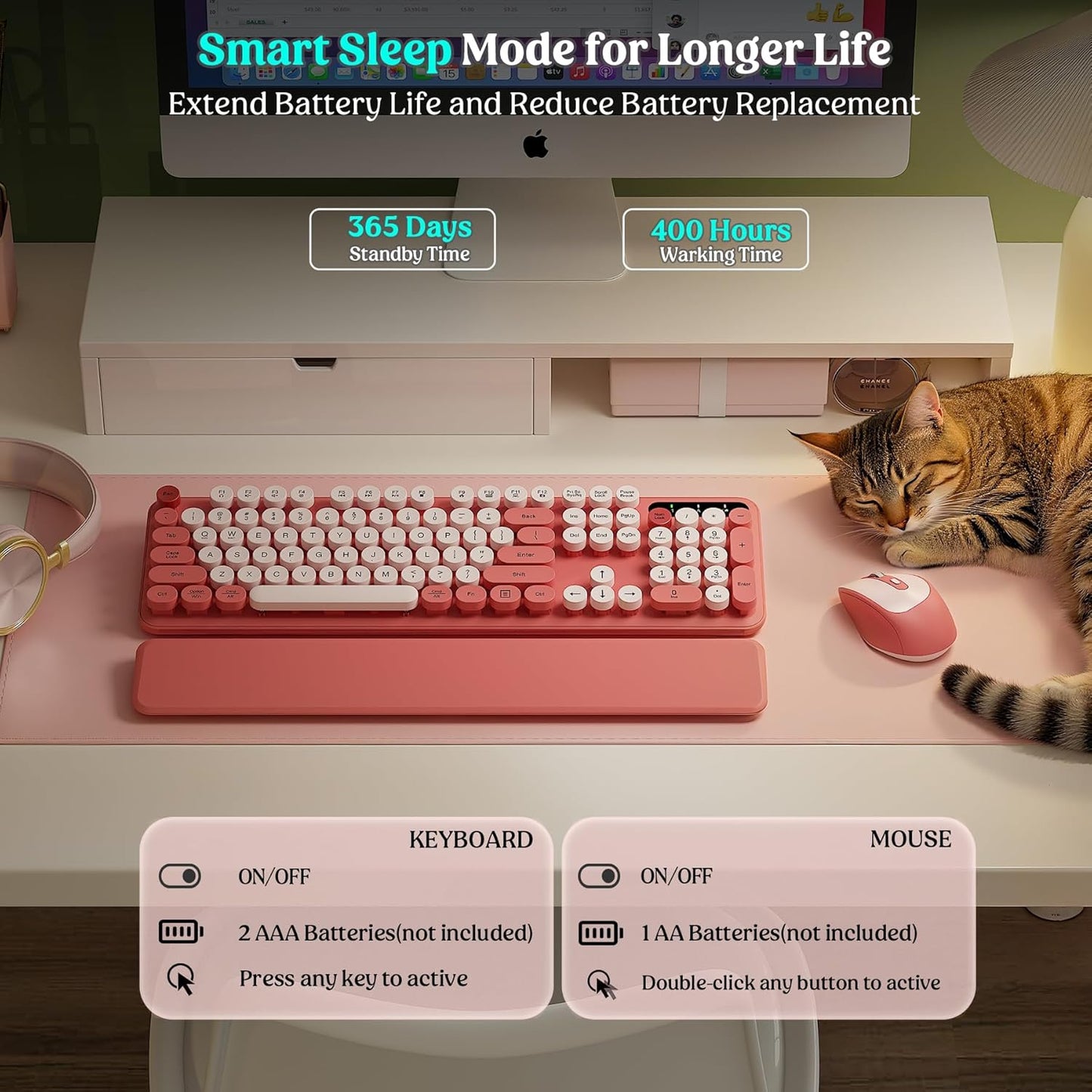 Wireless Keyboard and Mouse - Cute Round Keycaps, Detachable Wrist Rest, Full-Size Retro Typewriter Keyboard with Tilt Legs, 2.4G Wireless Combo for Women, PC, Laptop, Windows - Trueque (Blush Pink)