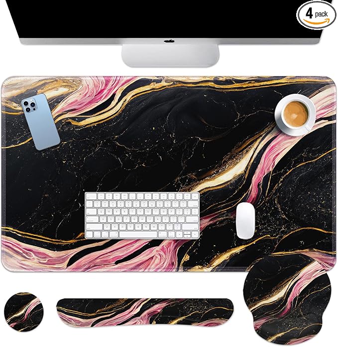 Britimes Pink Black Gold Marble Keyboard Mouse Pad Set 4in1 Large by Britimes