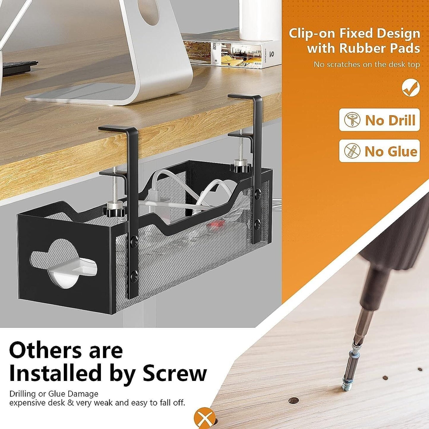 Under Desk Cable Management Tray 15.95", Quszmd Cable Organizer No Drill, Standing Cord Organizer and Wire Management Tray - No Damage to Desk, Black