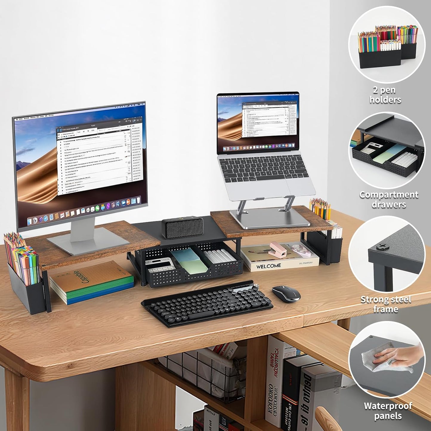 Desk Dual Monitor Stand Riser - Desk Organizer with Drawer and Pen Holders, Office Desk Accessories & Workspace Organization, Computer Monitor Stand for Laptop, Printer, TV, Office Decor, Wood