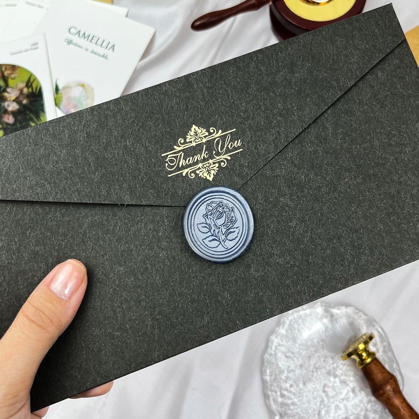25Pcs Wax Seal Stickers Handmade Envelope Seals Self Adhesive Wax Stickers for Wedding Party Invitations, Envelope, Gift Wrap, Christmas(Rose Style, Gray Blue)