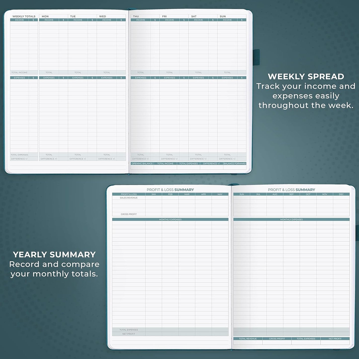 Clever Fox Income & Expense Tracker Large – Accounting & Bookkeeping Ledger Book for Small Business – 2-Year Record Notebook, A4 (Dark Teal)