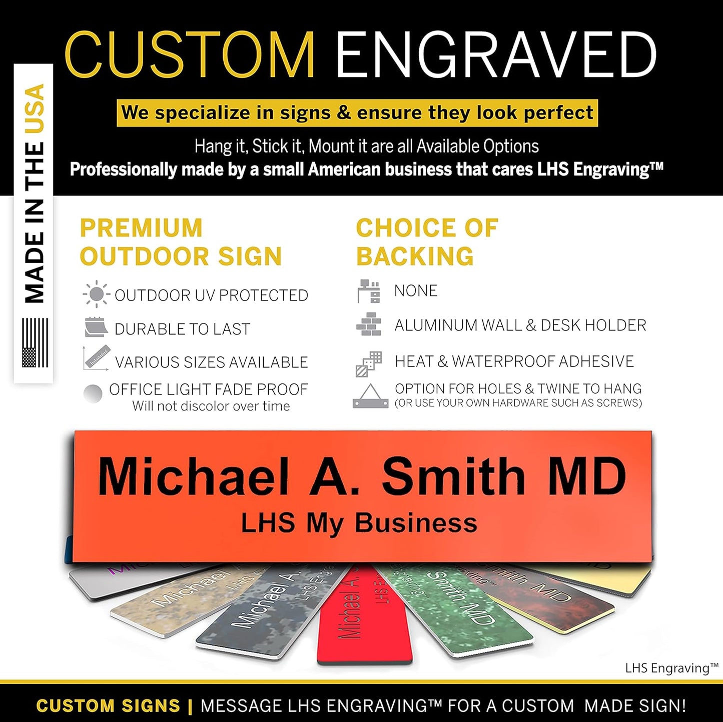 Engraved Door Signs for Office Personalized Orange Plastic Door Plaque Black Letters - Made in USA 2x12 B11