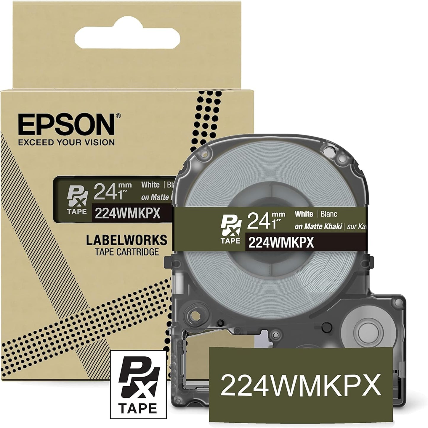 Epson LABELWORKS 224WMKPX Genuine PET (Polyester) Tape Cartridge - White on Matte Khaki Designer Craft Label Maker Tape - 1" (24MM) Wide, 26'