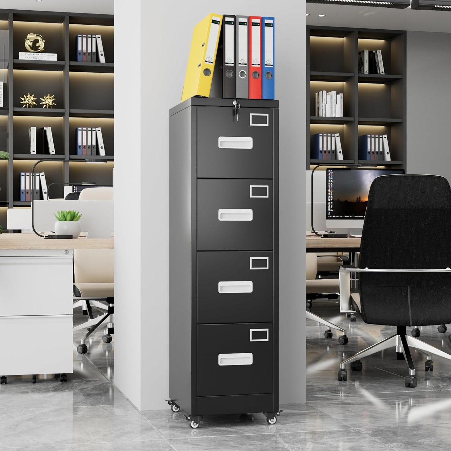 METAN 4 Drawer Vertical File Cabinet on Wheels, Lockable Office Files Storage Cabinet with Handle and Name Card,Mobile Storage Cabinet for Office and Home,Assembly Required,Black