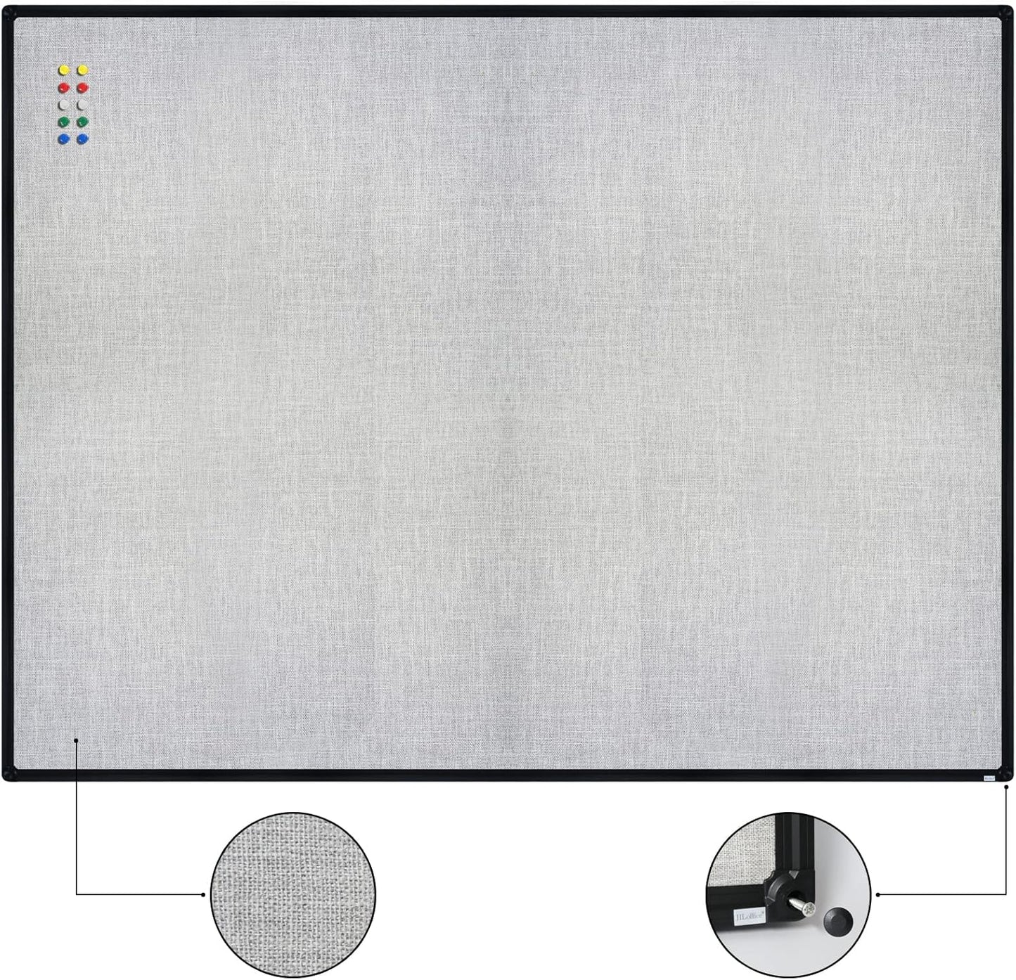 JILoffice Cork Linen Bulletin Board 48 X 36 Inch (Grey), Black Aluminum Frame Wall Mounted Board Memo Pin Board for Office Home and School