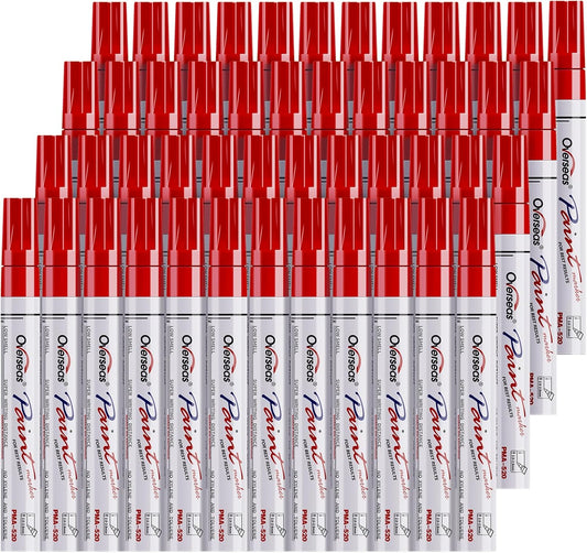 Overseas 48 Red Paint Pens, Oil Based Permanent Markers Set - Quick Drying, Waterproof, Fade-Resistant, Medium Tip Paint Markers Bulk for Wood, Metal, Rock, Ceramic, Plastic, Canvas, Glass, Rubber