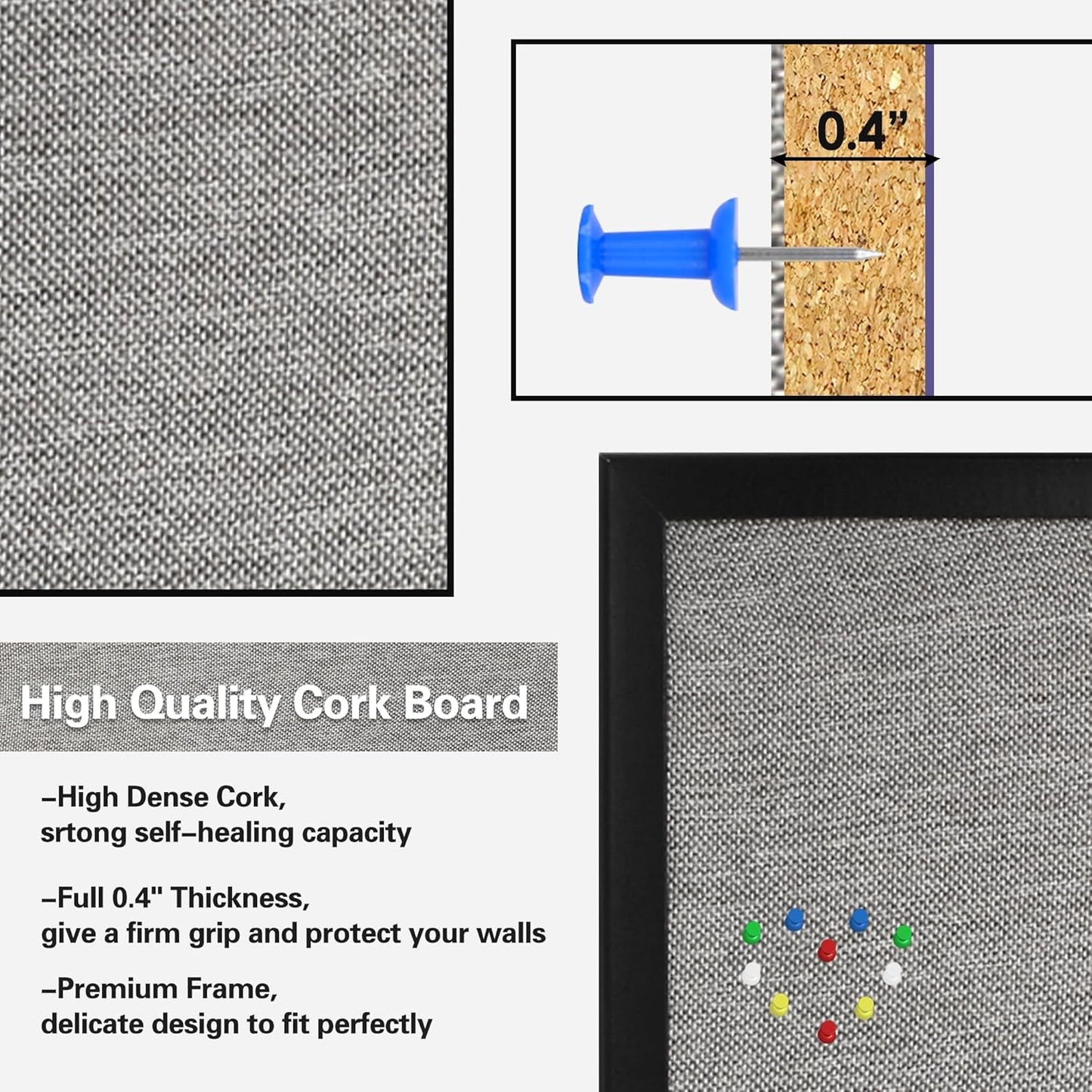 SHANTRA 36 x 24 Inch Bulletin Board with Grey Fabric, Wood Framed Canvas Cork Board, Corkboard for Walls with 10 Pins, Decorative Vision Board, Wall Mounted Notice Board for Home, Office, School