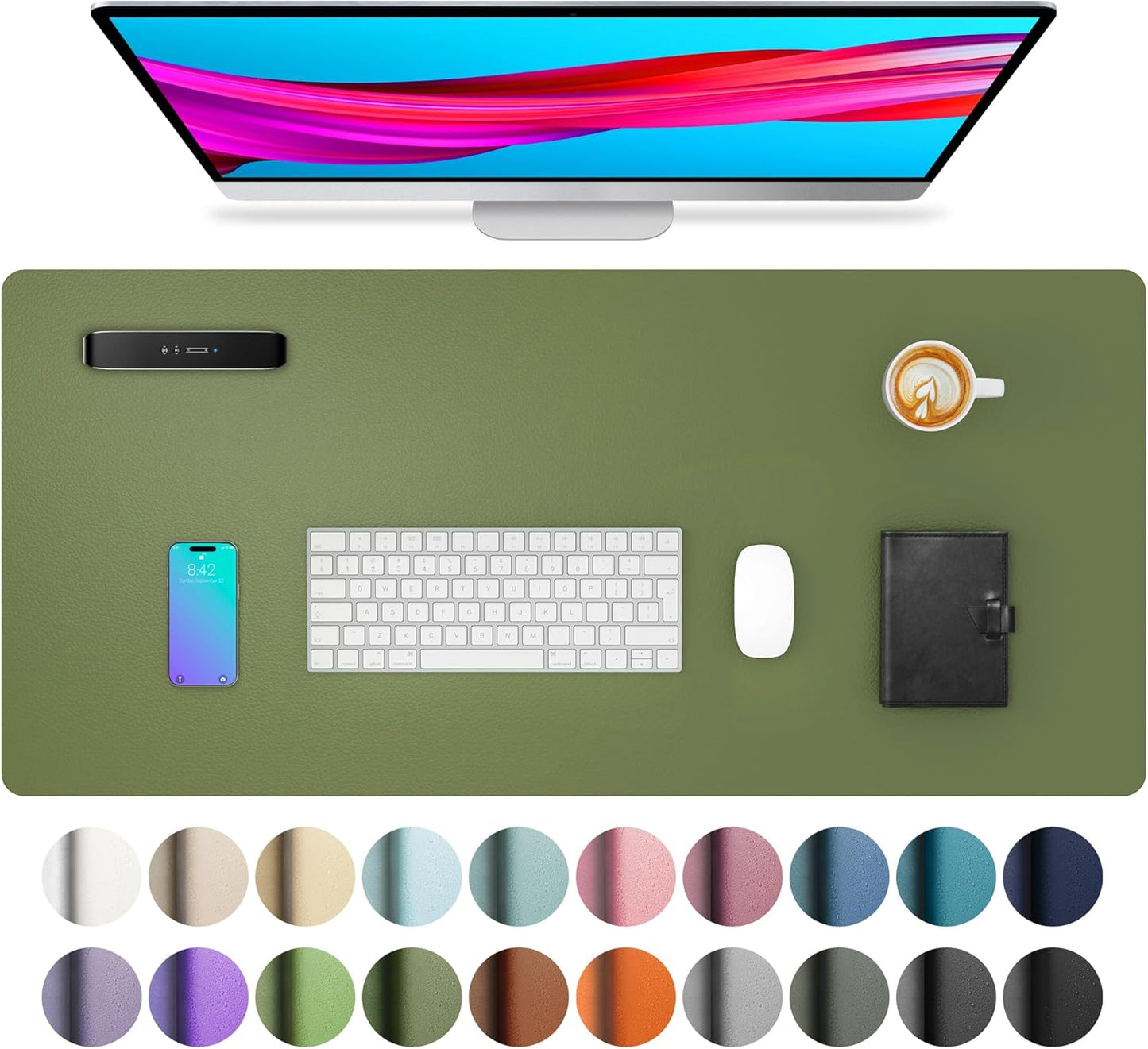 Aothia Leather Desk Pad Protector, Mouse Pad, Office Desk Mat, Non-Slip PU Leather Desk Blotter, Laptop Desk Pad, Waterproof Desk Writing Pad for Office and Home (23.6" x 13.7", Olive Green)