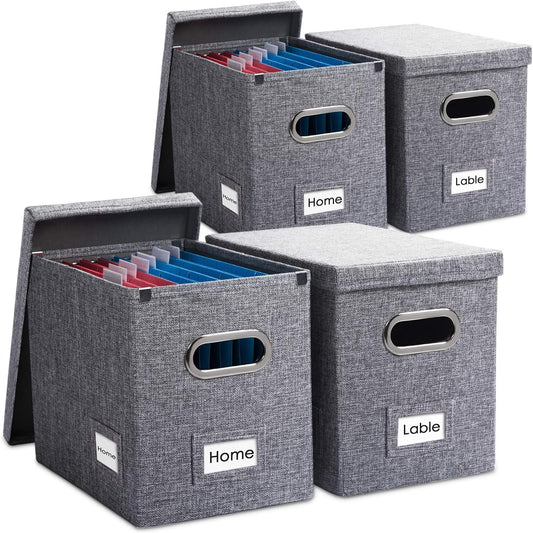 PRANDOM File Organizer Box - Set of 4 Collapsible Decorative Linen Filing Storage Hanging File Folders with Lids Office Cabinet Letter Size Grey (14x9.3x10.8 inch)