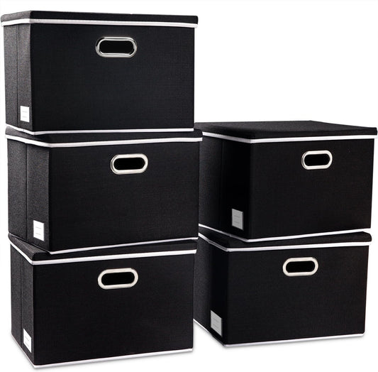 PRANDOM Extra Large Collapsible Storage Bins with Lids [5-Pack] Linen Fabric Foldable Storage Baskets Boxes Organizer Containers Cube with Cover for Bedroom Closet Office Nursery (22.8x15.75x13.8)
