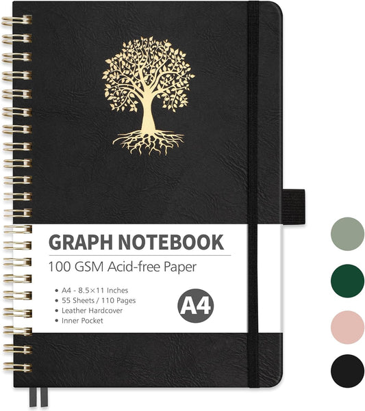 RETTACY Graph Grid Paper Notebook, 110 Pages, A4 Large Size (8.5'' × 11''), 5 Squares per Inch, Leather Hardcover, 100 GSM Thick Paper, for School, Students, Math, Engineering (Black)