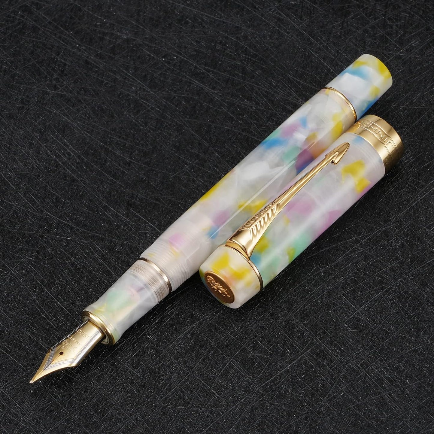 Jinhao 100 Fountain Pen Celluloid Classic Style, #6 Nib Smooth Writing Instrument with Refillable Converter and Pen Case Set