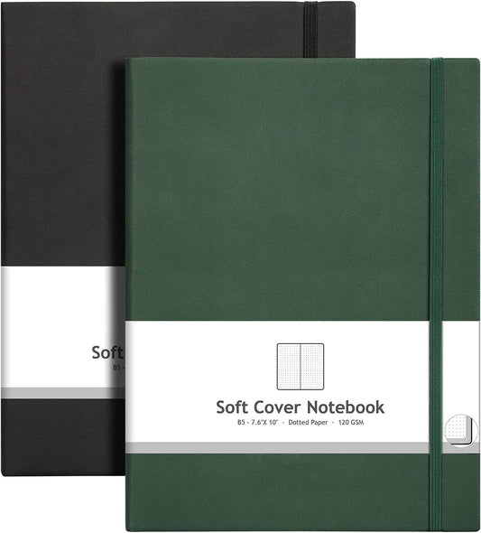 AHGXG Bullet Dotted Journal 2 Pack - B5 Large Journal Dot Grid Notebook (7.6'' X 10'') with Thick 120gsm Dot Paper, Soft Leather Cover, Total 384 Pages, Inner Pocket - BlackGreen