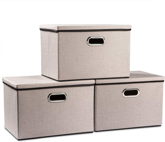 PRANDOM Large Foldable Storage Bins with Lids [3-Pack] linenFabric Decorative Storage Boxes Organizer Containers Baskets Cube with Handles Divider for Bedroom Closet Office Light Grey(17.7x11.8x11.8)