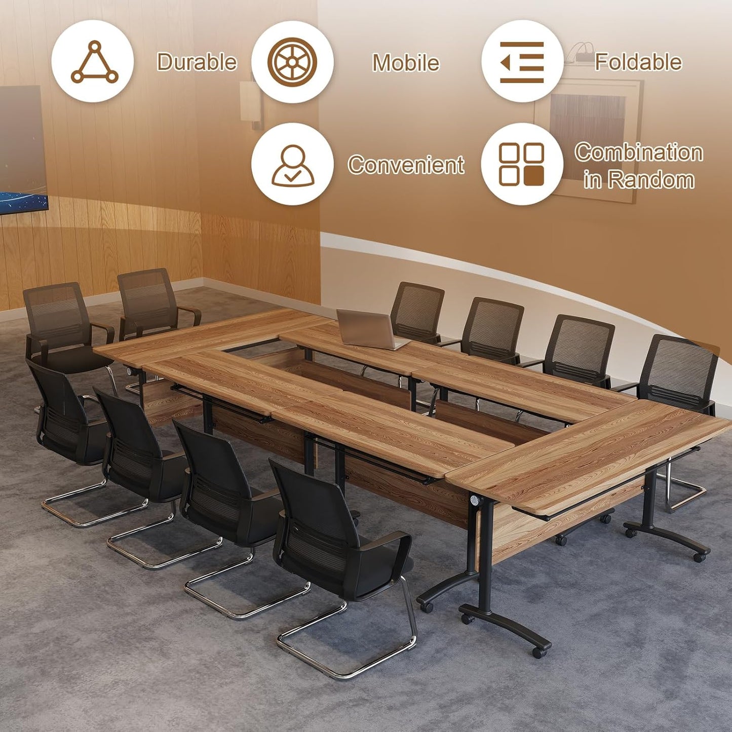Folding Conference Room Table, Modern Conference Tables with Silent Wheels, Large Rectangular Mobile Training Tables for Office Classroom, Foldable Modular Boardroom Seminar Table (8pack L63in)