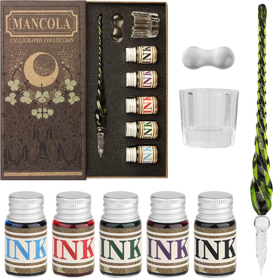 Glass Dipped Crystal Calligraphy Pen Set with 5 Colorful India Ink, 1 Pen Holder, 1 Cleaning Cup, Ink Drip Tool, Signatures, Drawing, Decoration Kits for Beginners