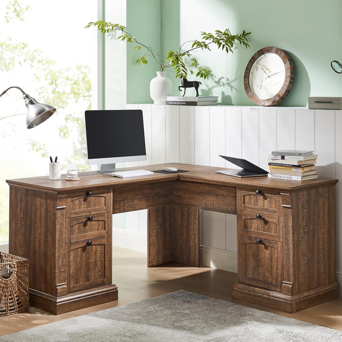 OKD 60" L Shaped Executive Desk with Drawers, Farmhouse Home Office Desk with Charging Station, File Cabinet Storage, Wood Corner Computer Desk for Work and Study, Reclaimed Barnwood