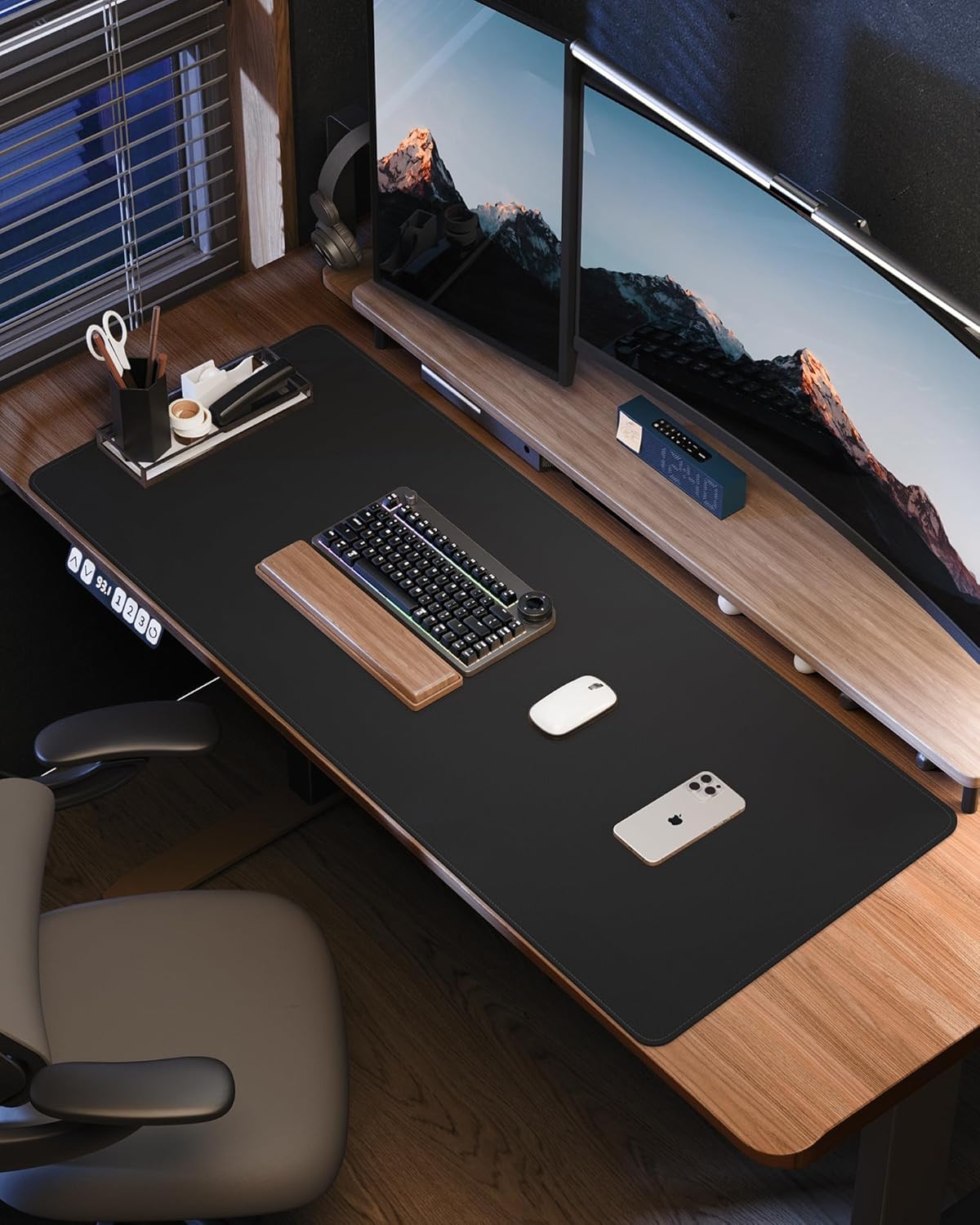 Leather Desk Pad Protector Large Mouse Pad, Stitch Locked Edge Non-Slip PU Leather Desk Mat Laptop Desk Pad Blotter, Waterproof Durable Writing Pad for Office and Home (Black, 120 x 43cm)