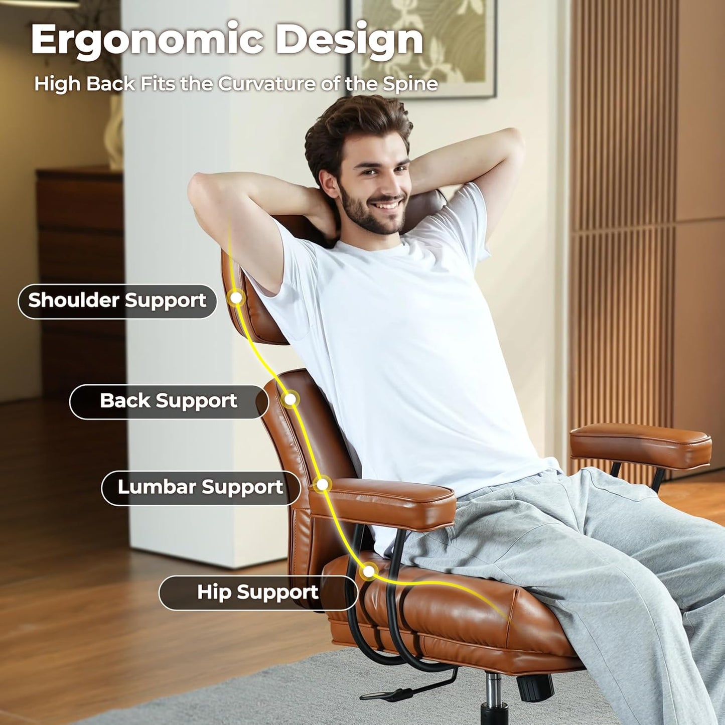 ovios Ergonomic Home Office Chair, Mid-Century Modern Faux Leather Chairs with Thickened Cushions, Comfy High Back Swivel Rolling Executive Computer Armchair (Brown, PU Leather)