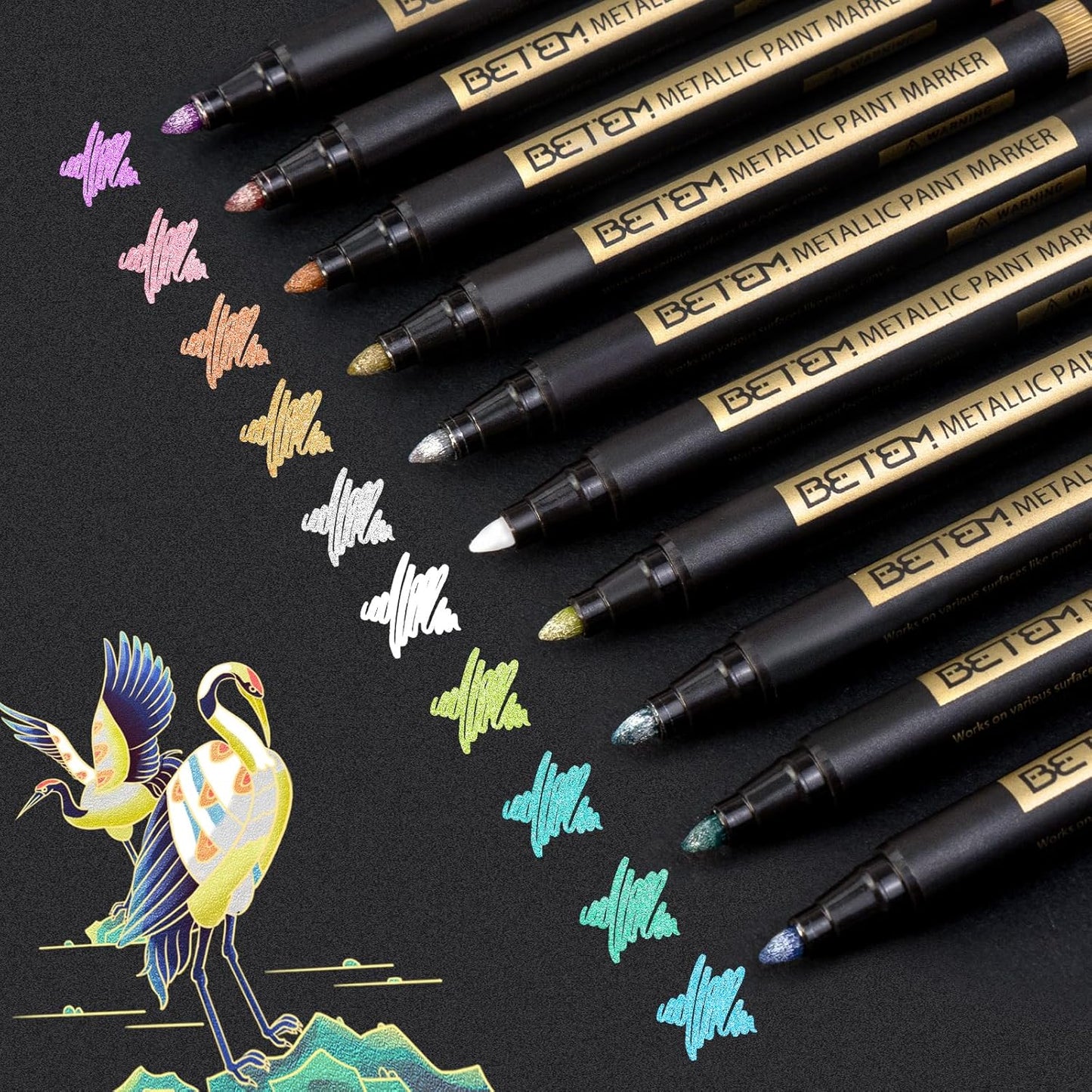 Betem Metallic Paint Markers, 10 Colors Acrylic Paint Markers for Black Paper, 2mm Medium Tips Metallic Glitter Pens for Scrapbooking, Rock Painting, Greeting Cards, Photo Albums, DIY Art Crafts