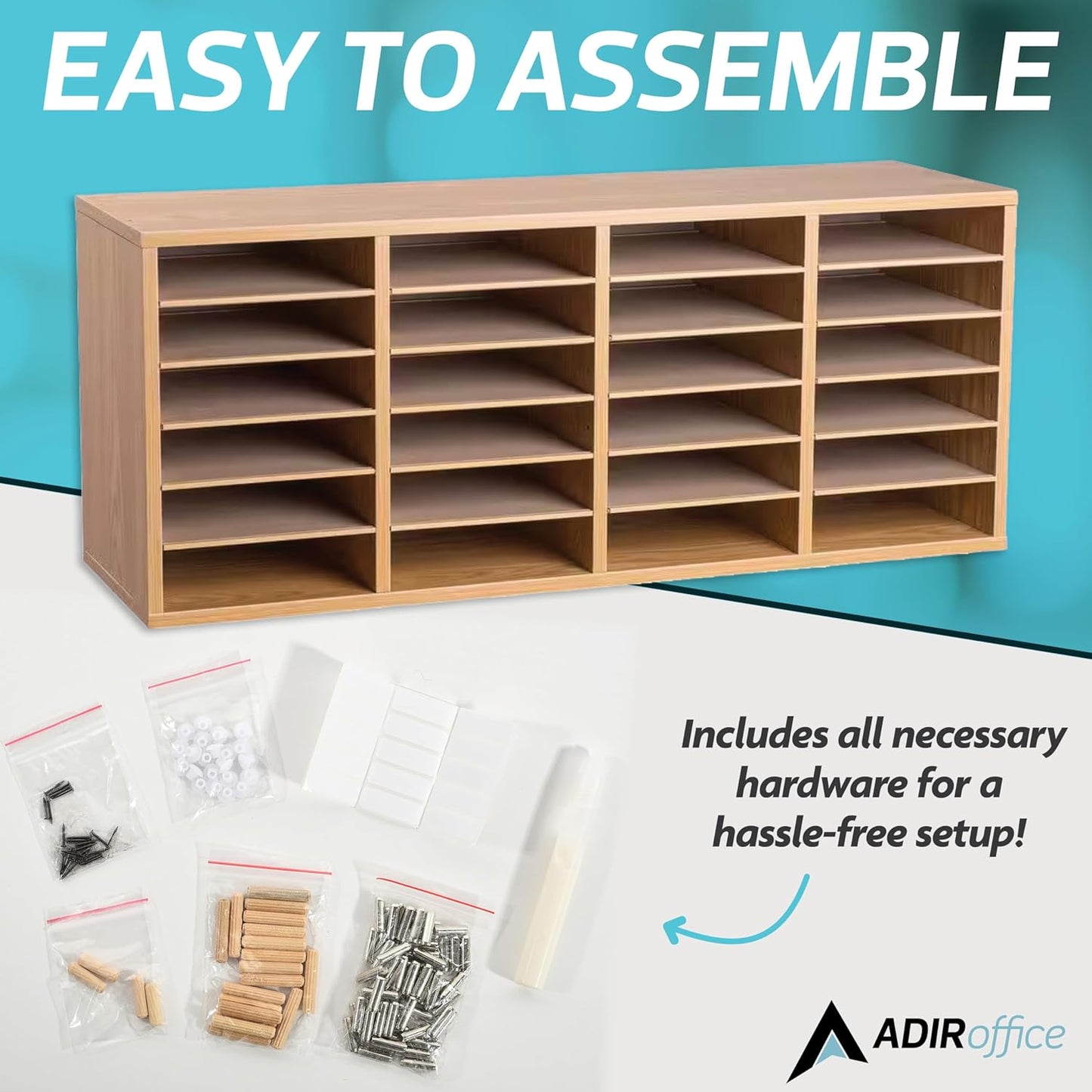 AdirOffice Wooden Adjustable Literature Organizer, 24 Compartment Office Mailbox, or Classroom Literature Organizer, Medium Oak