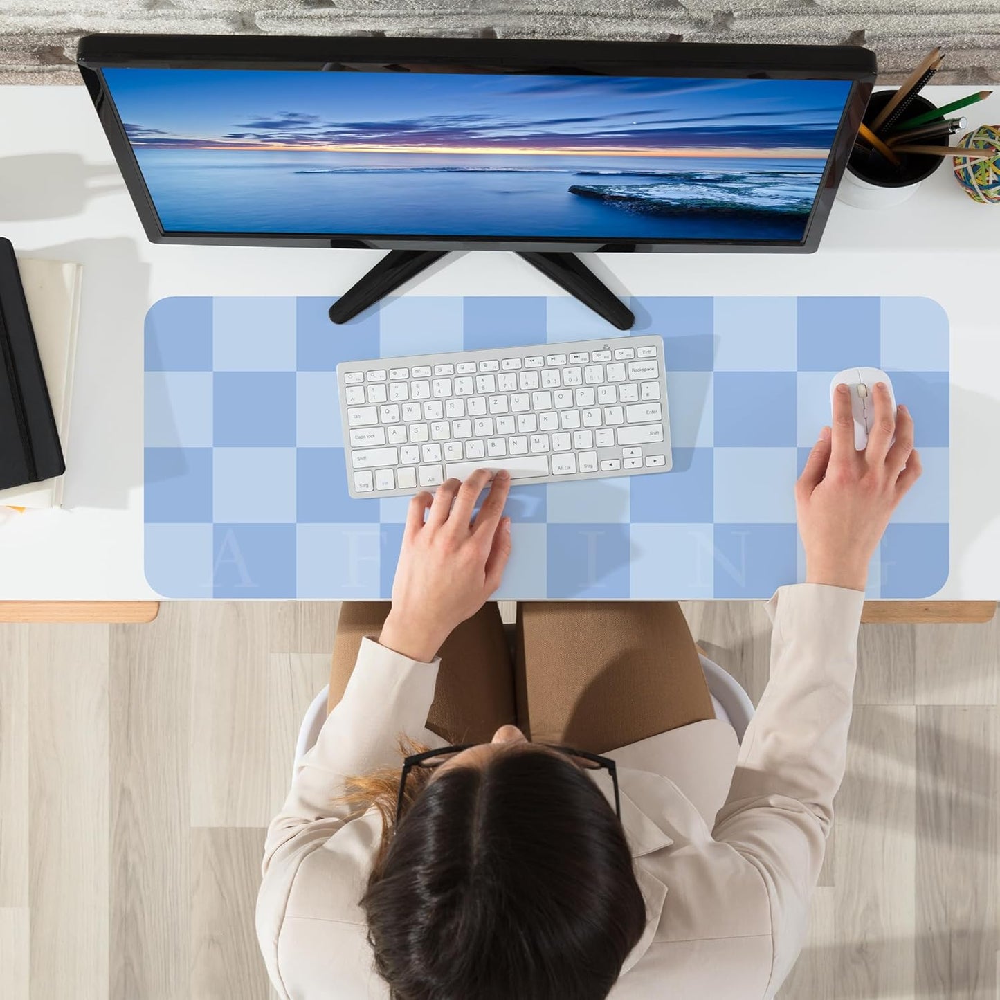 Non-Slip Desk Pad, Waterproof PU Leather Protector, Easy Clean Laptop Mat for Work/Home/Decor (Light Blue, 31.5" x 12"