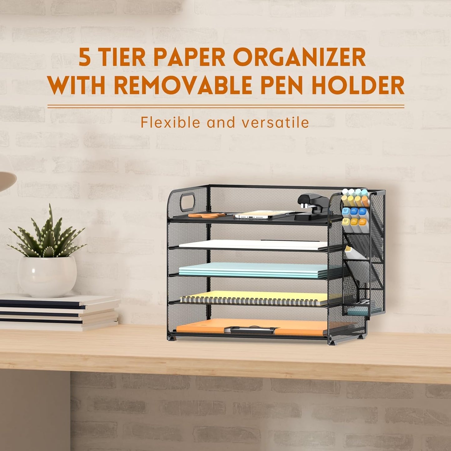 SUPEASY 2 Pack 5 Tier Desk Organizer with Handle & Removable Pen Holders, Mesh Paper/File Organizer for Desk Office Supplies,Black
